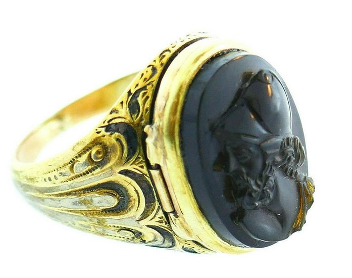 Victorian 14k Yellow Gold Carved Black Brown Art Glass