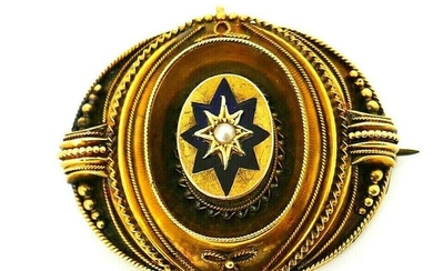 Victorian 14k Yellow Gold Enamel Pearl Brooch Pin