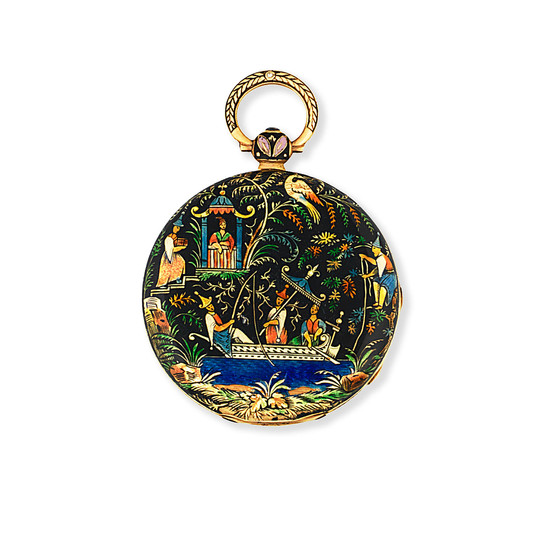 Vieyres, 40 Pall Mall, London. A gold and enamel decorated key wind open face pocket watch
