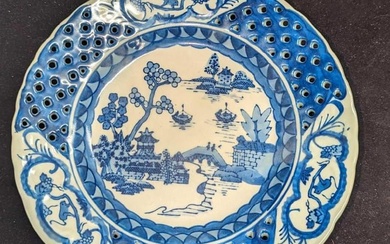 Vintage Chinese Porcelain Blue Pierced Edge Plate