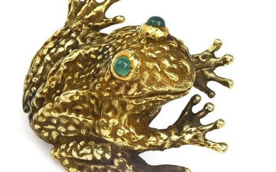 Vintage E. Pearl Emerald 18K Yellow Gold Large Frog Brooch Pin