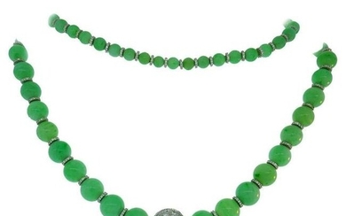Vintage Jade Bead Necklace with Diamond 14k White Gold Rondelles and Clasp