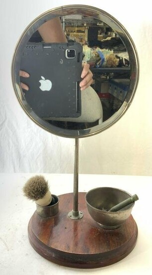 Vintage Makeup Mirror W Wooden Base & Brush