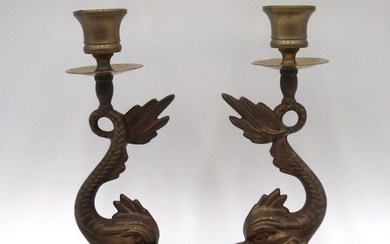 Vintage Wilton brass pair Koi fish candlestick holders