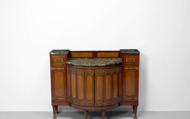 W.A.S. BENSON (1854-1924) Important Cabinetcirca 1908for Morris & Co., mahogany, satinwood inlay, 'verde antico' marble, brass mounts, stamped 'MORRIS & CO 449 OXFORD STREET W 1697'height 42in (107cm); width 55in (140cm); depth 25in (64cm)