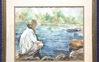 Watercolor of girl by water by Celi Steinberg