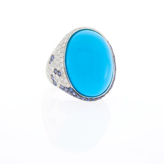 White Gold, Reconstituted Turquoise, Sapphire and Diamond Ring