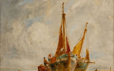 William Joseph Julius Caesar BOND (1833-1926). Retour de pêche, marée basse. Huile sur panneau, signée...