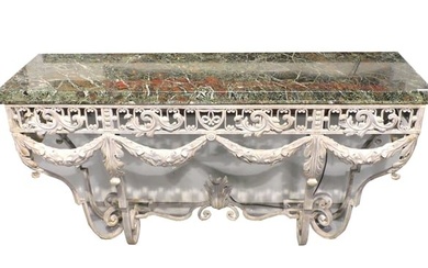 Wrought iron and green marble top console table.
