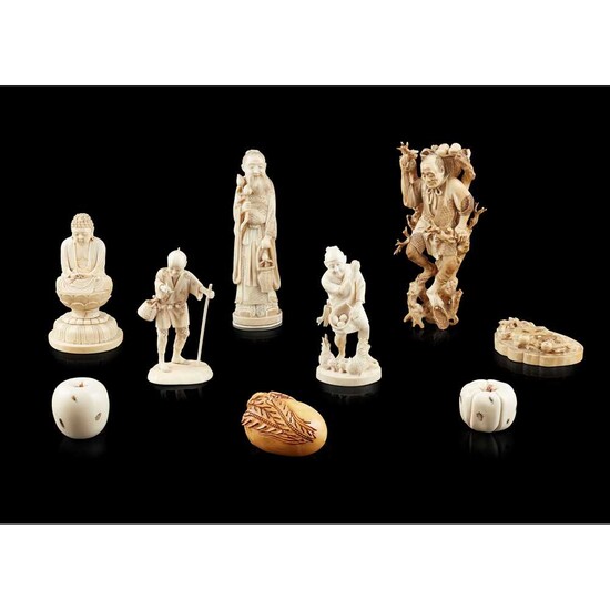 Y GROUP OF EIGHT JAPANESE IVORY CARVINGS MEIJI PERIOD