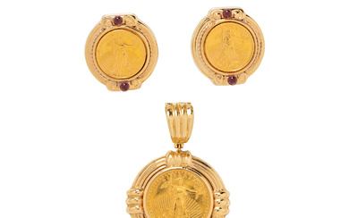 YELLOW GOLD LIBERTY COIN CLIP EARRINGS AND PENDANT