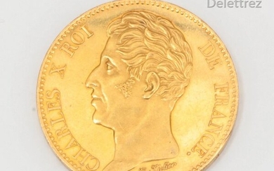 Yellow gold souvenir coin commemorating the visit of their Royal Highnesses the Prince of Salerno and Duchess De Berry to the Paris mint in 1825. Diameter : 3,6cm. P. 41,4g.