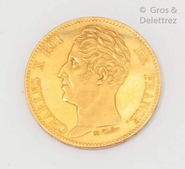 Yellow gold souvenir coin commemorating the visit of their Royal Highnesses the Prince of Salerno and Duchess De Berry to the Paris mint in 1825. Diameter : 3,6cm. P. 41,4g.