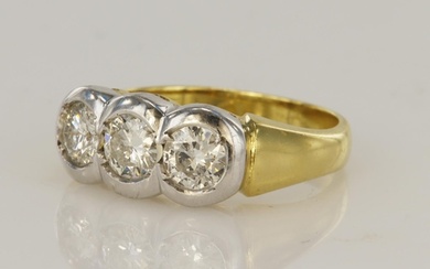 Yellow gold (tests 18ct) diamond trilogy ring, three round b...