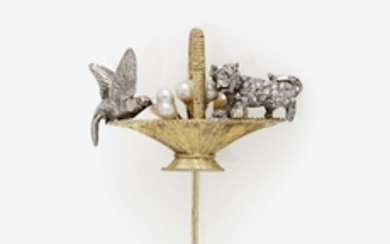 Historische Reversnadel "Taube und Katze sitzend auf einem Präsentkörbchen" mit Diamantrosen und Flussperlen