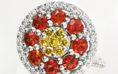 1.04 ct reddish orange sapphire & 0.22 ct vs fancy deep yellow & 0.64 ct vs diamonds designer ring - 14 kt. White gold - Ring Sapphire - Diamonds, GWLAB Certified No Reserve