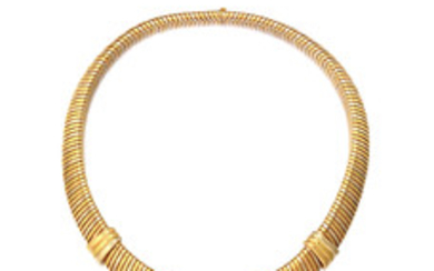 An 18k tri-color gold "Tubogas" collar necklace and matching earrings,, Cartier