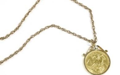 A 1904 sovereign in a 9ct gold mount on a Prince of Wales chain