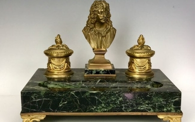 19TH C. DORE BRONZE AND VERDE MARBLE INKWELL