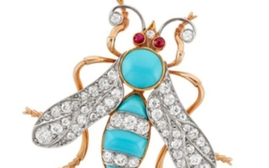 Antique Platinum-Topped Gold, Diamond and Turquoise Wasp Pin