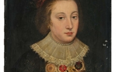 Attribué à Robert Peake l'Ancien Vers 1551 - Londres, 1619 Portrait d'une dame de qualité à la robe brodée de fleurs