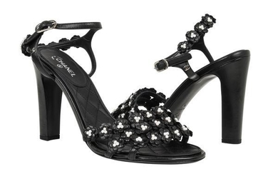 Chanel Shoe Camellia Black Leather Flowers w/ Pearls