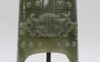 Chinese Dark Celadon Jade Archaistic Style Bell