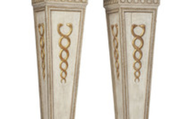 A PAIR OF CONTINENTAL GREY-PAINTED AND PARCEL-GILT PEDESTALS, 20TH CENTURY