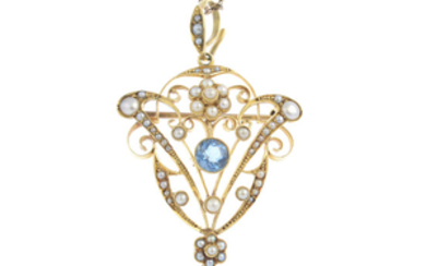 An early 20th century gold aquamarine and split pearl pendant, with chain.