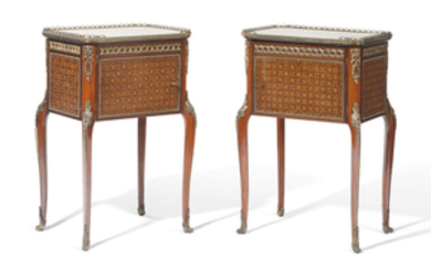 A PAIR OF FRENCH ORMOLU-MOUNTED MAHOGANY, AMARANTH AND FRUITWOOD PARQUETRY TABLES DE NUIT, OF LATE LOUIS XV STYLE, EARLY 20TH CENTURY