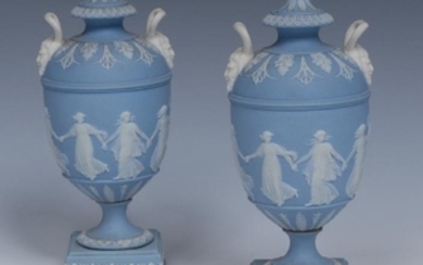 A good pair of Wedgwood Jasperware pedestal ovoid vases