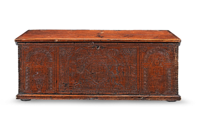 A James I boarded cypress-wood and 'pitch'-decorated chest, circa 1620