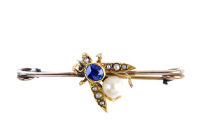 A late Victorian gold, sapphire and split pearl fly brooch. View more details