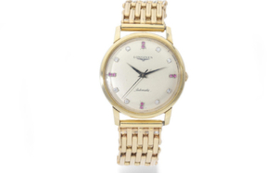 Longines. A Rare Yellow Gold Diamond and Ruby Centre Seconds Wristwatch