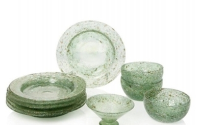Monart Attributed, a group of green glass...