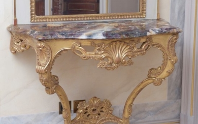 Paire de consoles de style Louis XV par la maison Rinck à Paris, XXIe s., en bois sculpté et doré, marbre jaune violacé, 84x110x53 cm