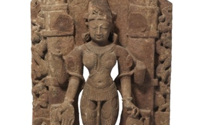 A RED SANDSTONE RELIEF OF SARASVATI, CENTRAL INDIA, 11TH-12TH CENTURY