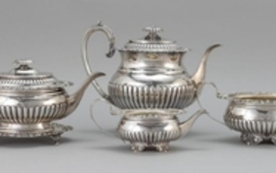 REGENCY FIVE-PIECE NEOCLASSICAL STERLING SILVER TEA SERVICE Samuel Hennell & John Terry, maker. Includes a hot water pot, a teapot,...