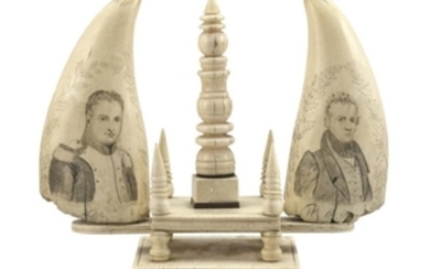 PAIR OF SCRIMSHAW WHALE'S TEETH WITH WALRUS IVORY AND WHALEBONE STAND Both teeth with bust portraits of gentlemen, one of a man in u..