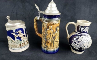 Set of 2 Lidded Beer Steins and 1 Pitcher