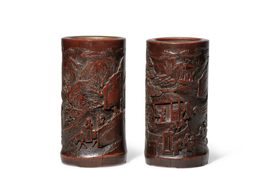 TWO SMALL CARVED AND INSCRIBED BAMBOO BRUSHPOTS, LATE QING DYNASTY