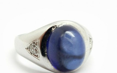 14k White Gold and Synthetic Blue Sapphire Cabochon