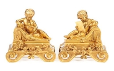 A Pair of French Gilt Bronze Figural Chenets