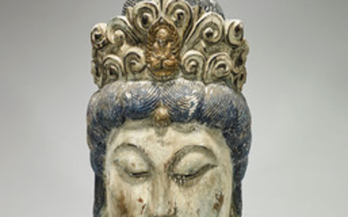 Large Old Chinese Carved Wood & Polychrome Head of Guanyin