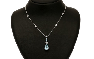 An aquamarine and diamond necklace set with two aquamarines and six diamonds, mounted in 18k white gold. L. 43 cm.