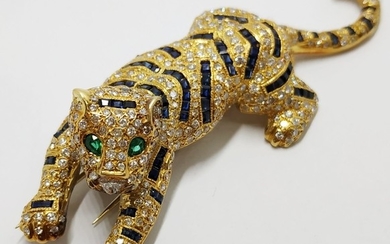 18k gold, diamond, sapphire and emerald CARTIER style brooch.