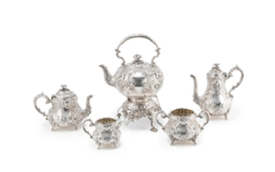 A silver four-piece tea and coffee service, with matched kettle on stand and large salver