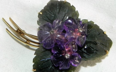 14 kt. Gold - Brooch, Brooch violet bouquet of violets amethyst jade and diamonds 585 gold Diamond
