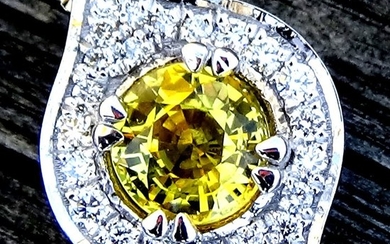 14 kt. White gold - Necklace with pendant Sapphire - Ceylon Canary Yellow- Diamonds - Certified - No Reserve