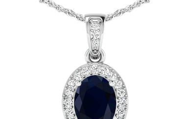 14KT White Gold 1.30ct Blue Sapphire and Diamond Pendant with...